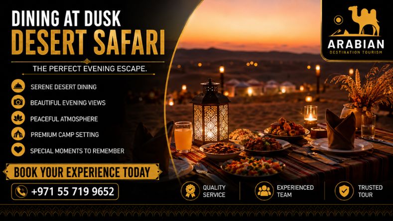 Dubai desert safari camp at dusk