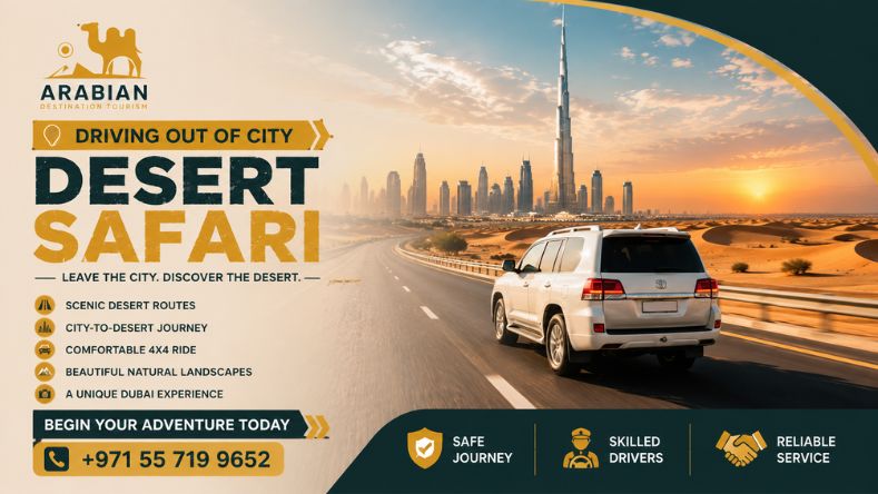 Desert safari 4x4 leaving Downtown Dubai near Burj Khalifa