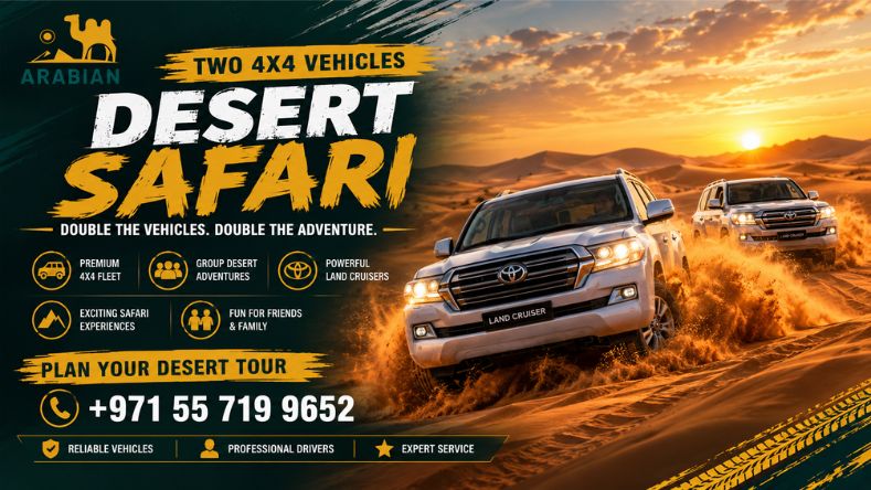 Two 4x4 vehicles for a private group desert safari in Dubai