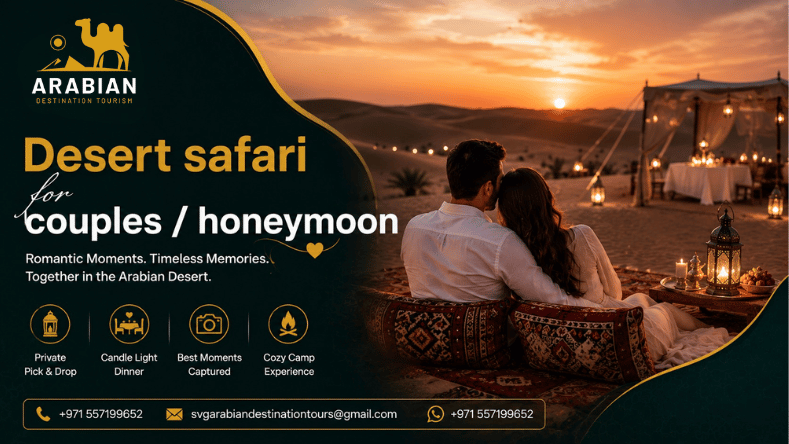 Couple enjoying a romantic Dubai desert safari at sunset
